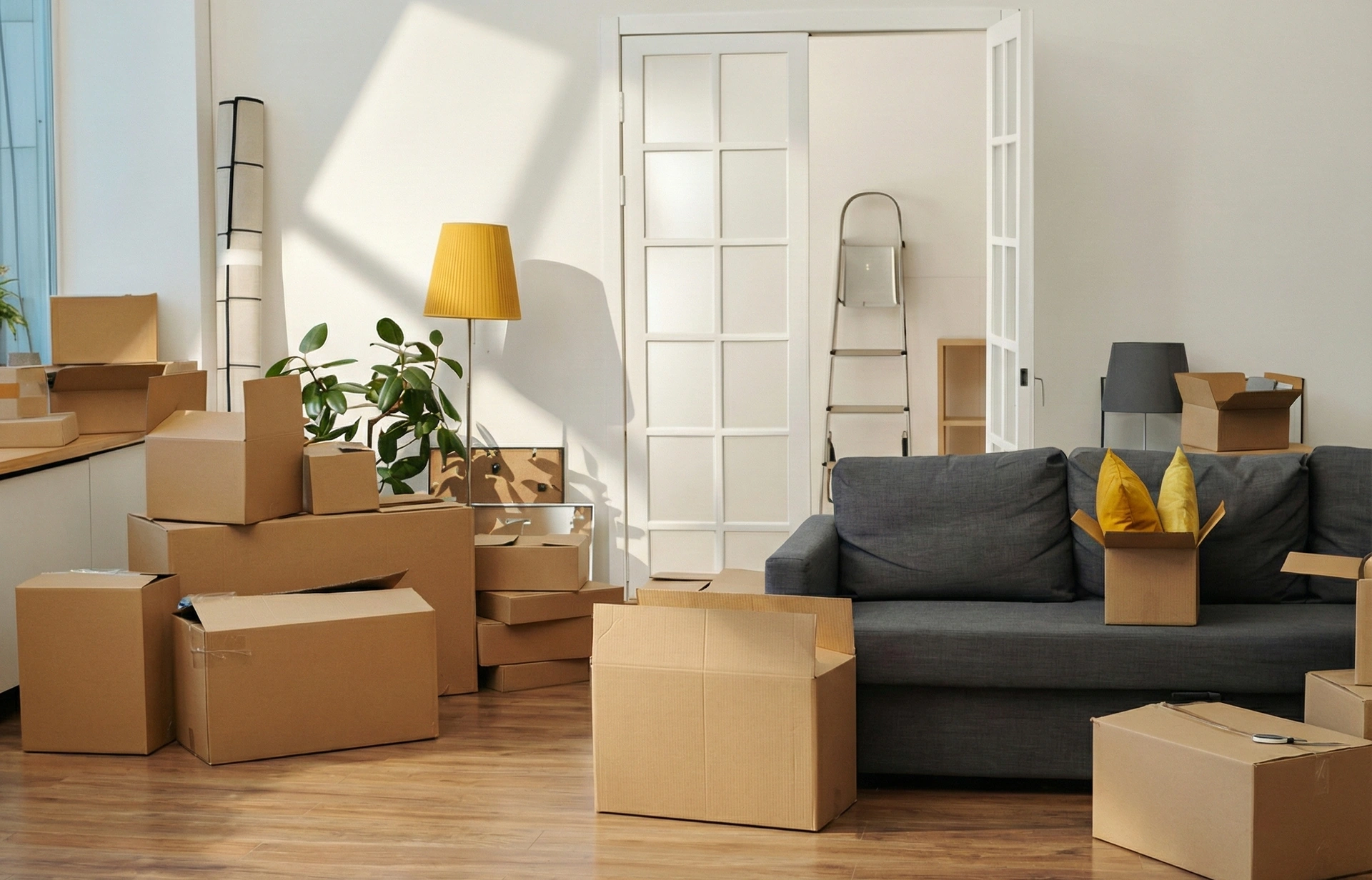 Boxes in a sunlit living room